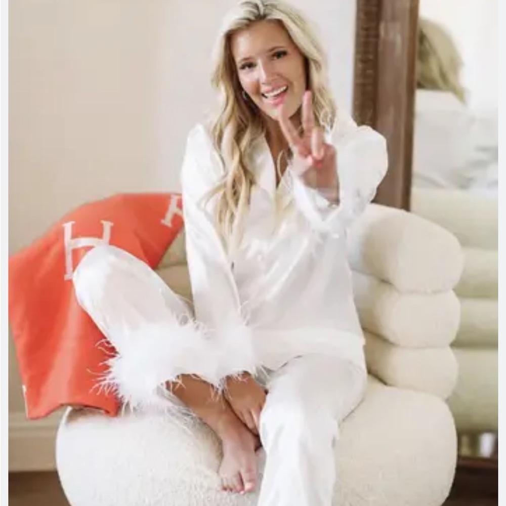 Hazel & Olive White Satin Feather Pajamas